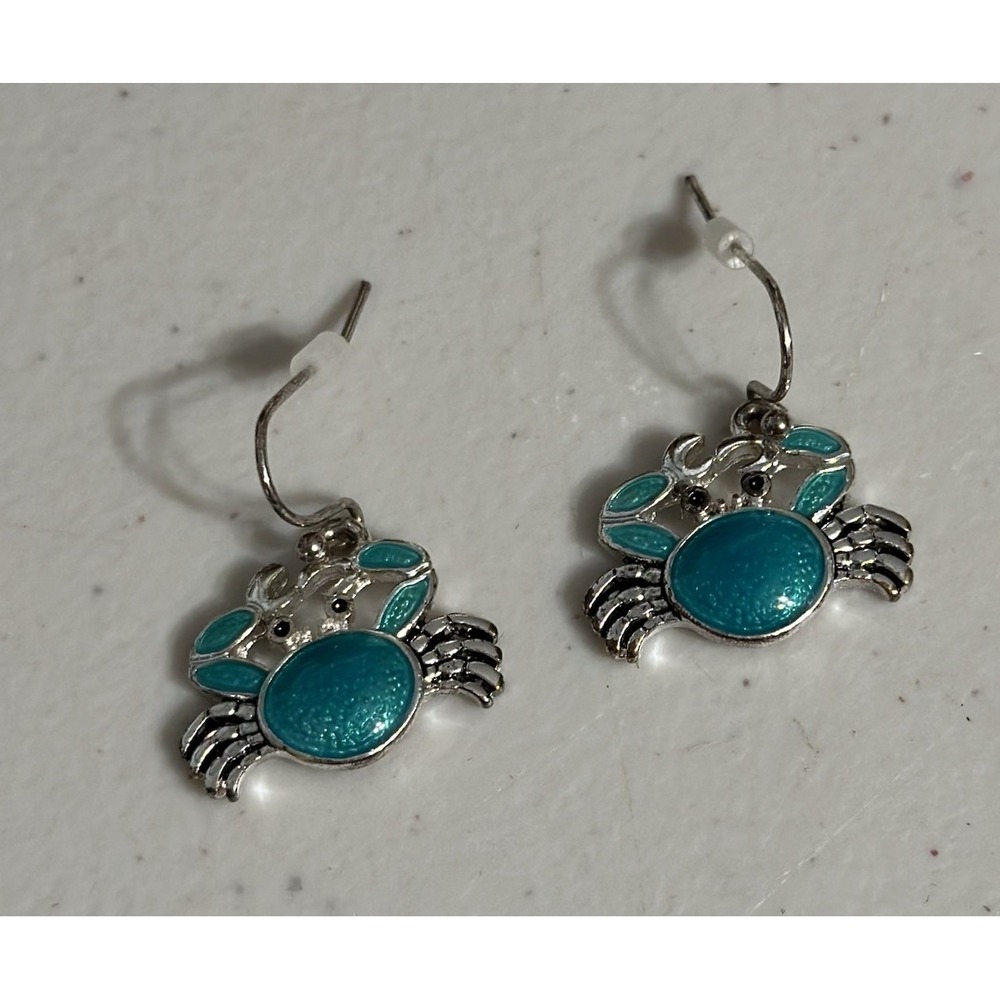 Maryland Blue Opal Crab Dangle Earrings Silver Tone Nautical Beach Ocean Jewelry